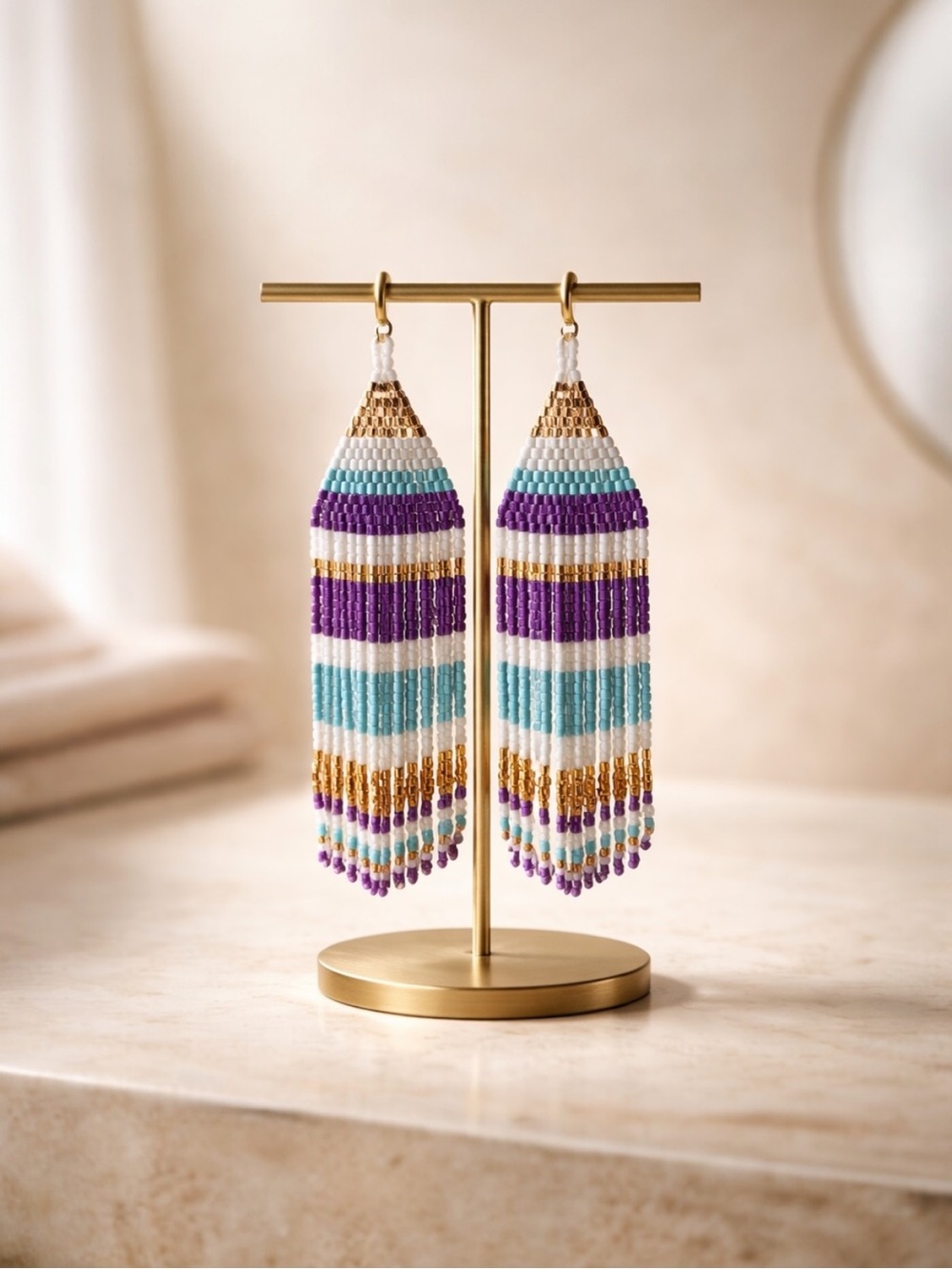 Boho Western Beaded Fringe Earrings Gold Purple Turquoise Statement